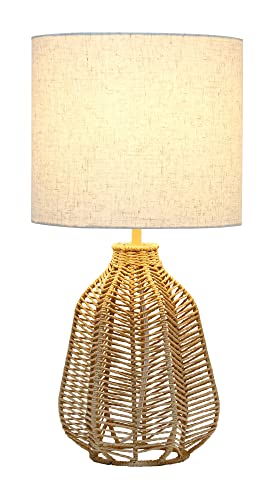 Elegant Designs Lt2106-Nat 21" Tall Boho Coastal Inspired Rustic Paper Rope Rattan Wicker Look Standard Table Desk Nightstand Lamp With Light Beige Fabric Linen Shade, Natural #TOP1
