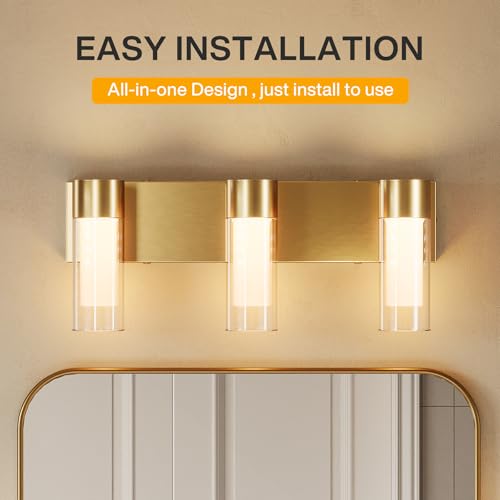 Image of Tribesigns LED Bathroom Light Fixtures, 3-Light Vanity Lights Over Mirror, Wall Lights with 3 Color Modes & Gold Finish, Wall Sconces with Clear Glass Shades for Bathroom Hallway Bedroom