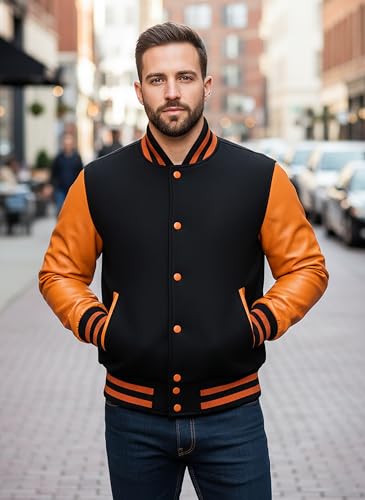 Image of LP-FACON Unisex Varsity Letterman Jacket | Mens College Baseball High School Bomber Wool + Faux Leather Jacket