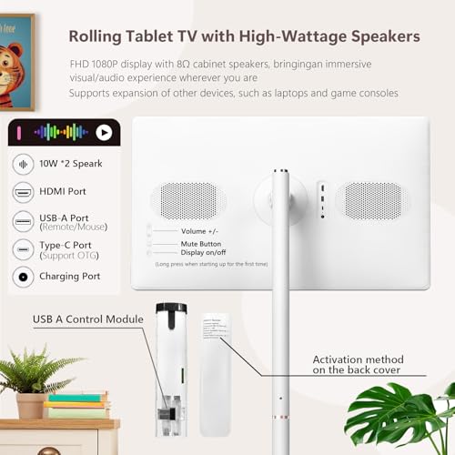 Image of OFD 32 inch Portable TV on Wheel FHD Touchscreen & Rolling Stand,Android 15 OS | Mobile TV for Home,6+128GB ROM,Built-in 38400 mAh Battery,8MP Webcam,10W Speaker,Voice Remote,EDLA-Certified,Rotation,White