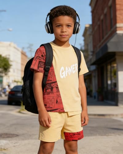 Image of OLMRJKD Boys 2 Piece Outfits Short Sleeve Colorblock T-shirt and Shorts Summer Casual Clothes for 6-12 Years