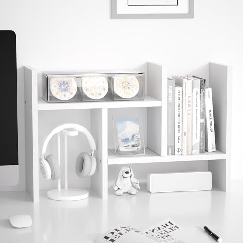 Image of Jerry & Maggie Desktop Organizer Office Storage Rack Adjustable Wood Display Shelf Free Style Double H, Multi-Functional Mini Bookshelf for Desk Natural Stand (White)