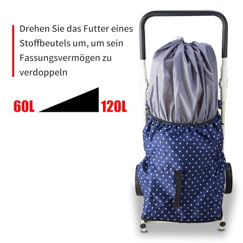 TOPWELL Einkaufstrolley, Klappbarer bis 50kg Einkaufswagen 120L Einkaufstasche Shoppingtrolley Handwagen für Einkaufen oder Transportieren von Waren, Kann als Sitz verwendet Werden. (Blau+weiß) – Bild 4