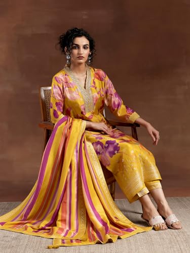 Image of Libas Womens Printed Silk Blend Straight Kurta With Trousers and Dupatta | daily wear suit