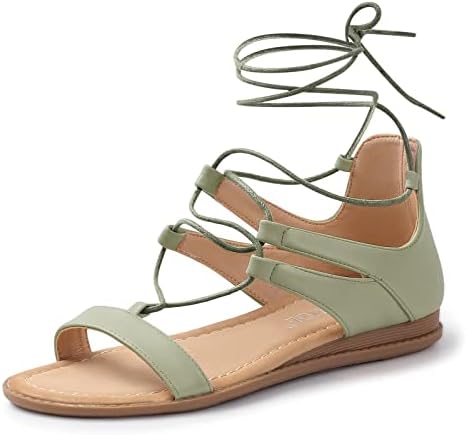 MUSSHOE Flat Sandals for Women Lace Up Tie Up Women Sandal PU Green 6