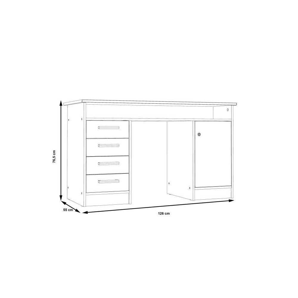 Forte NET106 Weißer Schreibtisch 120 130, Funktionaler Schreibtisch mit 4 Schubladen und 1 Tür, Home Office, Büro, Computertisch, Holzwerkstoff, Weiß, 126 cm breit x 75,8 cm hoch x 55 cm tief