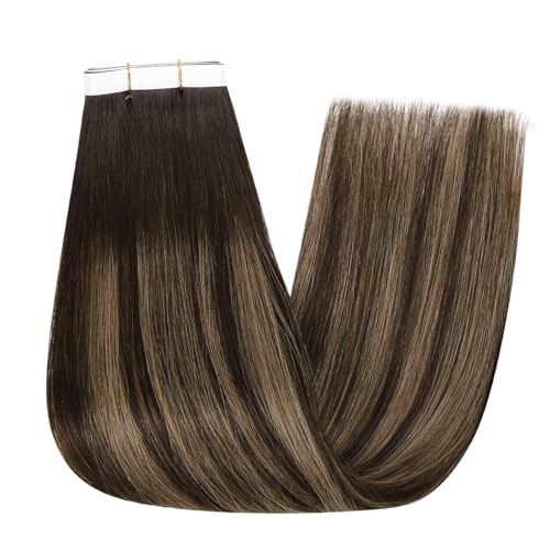 Image of Full Shine Invisible Tape in Hair Extensions Human Hair, 2 /8 /2 Dark Brown with Honey Brown Highlights, Wide Weft Tape in Extensions Silky Straight Brazilian Extension 24 Inch 50g 1pcs Natural Look