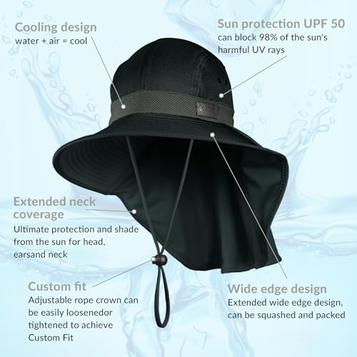 Image of Sukeen Cooling Sun Hat for Men Women UPF50+ Wide Brim Fishing Hat with Neck Flap Adjustable Foldable Bucket Hat for Hiking