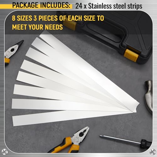 Image of Amylove 24 Pcs 304 Stainless Steel Strips Shim Stock Metal Shims 1 inch Width x 6 inch Length Assortment 8 Thickness Sizes Thin Metal Sheet for Kitchen Trim Gap Filler Tools Home Improvement