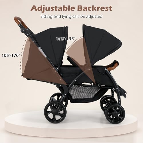 INFANS Double Stroller, Foldable Baby Tandem Stroller with Djustable Backrest Canopy Footrest, 5-Point Harness, Storage Basket, Convertible Compact Twin Stroller for Infants and Toddlers - Image 6