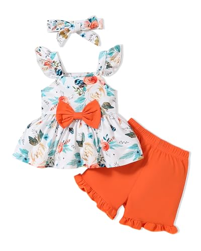 Image of PaPaai Sara 18-24 Months Toddler Baby Girls Clothes 2T Infant Summer Outfits Flower Tank Top Sleeveless Ruffle Shirt Cute Shorts Set Headband Orange
