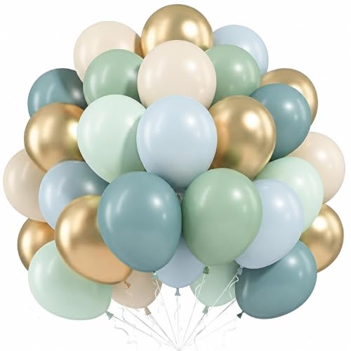 Image of Sage Green and Blue Balloons, 60 PCS 12 Inch Dusty Green Blue Sand | White Gold Balloons for Baby Shower Bridal Shower Wedding Boho Birthday Party Decorations
