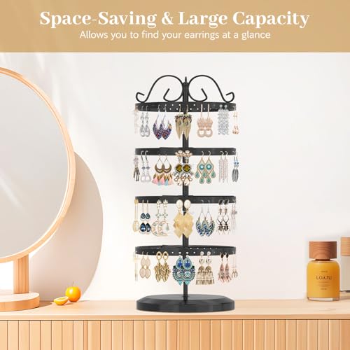 Image of MODOWEY 4 Tiers Metal Rotating Earring Holder Organizer Stand Adjustable Display Tree, 176 Holes Large Carousel Rack for Stud Hoop Pierced Dangling Women, Idear View for All Earrings, Black