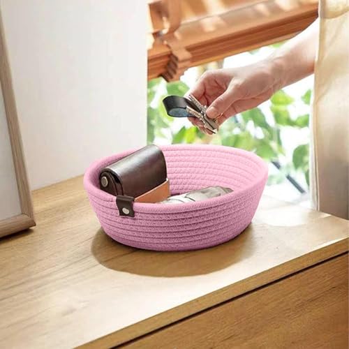 Image of 100% Natural Jute small box mini rope paper storage Round hamper baby nursery tray bucket for Living Kitchen, Office, Drawing Room,fruits, kitchen, office, Set of 3 (PINK)