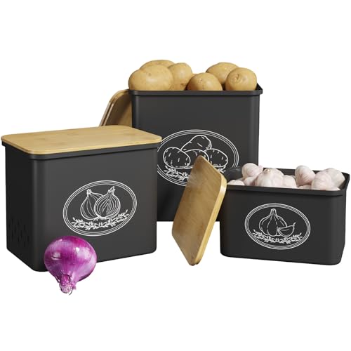 Lifewit Caja para Guardar Patatas Juego de 3, Grande Cesta Cebolla, Ajo y Cebollín con Tapa y Orificios de Ventilación, Apilables de Plástico para Verduras y frutas de Cocina, Negro