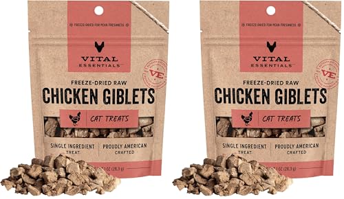Image of Vital Essentials Freeze Dried Cat Treats | Chicken Giblets, Single Protein | Premium Quality | Grain Free, Healthy Treats for Cats, 1 oz Bag (Pack of 2)