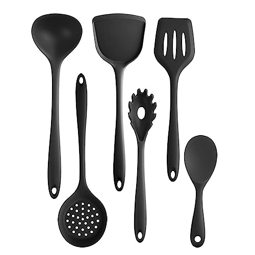 Juego de 6 piezas de suministros de cocina de goma de silicona (valla de pescado, cuchara de sopa, espátula, garra de polvo, espátula, cuchara de arroz), herramientas para hornear, color negro