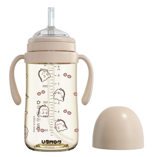 Image of UBMOM No-spill, Backflow prevention Sippy Cup with Straw, PPSU Learner Cup with Handle for Baby and Toddlers, BPA free, 9.47oz (Daino_Choco)