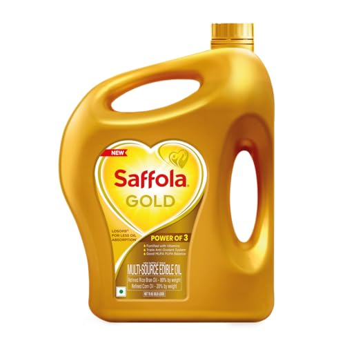 Image of Saffola Gold Refined Cooking oil | Power of 3 - Balance of Good Fats, Triple Anti-Oxidant System & Fortified with Vitamins | Multi-Source Edible Rice Bran & Corn Oil | 5 Litre Jar