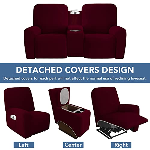 Image of Easy-Going Stretch Recliner Loveseat Cover with Center Console Sofa Slipcover Soft Fitted Fleece 2 Seats Couch with Holder and Storage Washable Furniture Protector Wine
