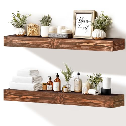 YLYHSST 36x3x7 inch Floating Shelves Wall Mounted - Set of 2 Brown Rustic Solid Wood Wall Shelf -...