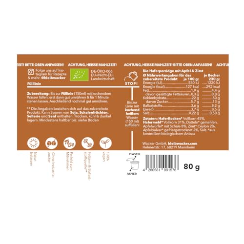 Apfel-Zimt-Porridge Bio, 80g von bleibwacker. Leckeres Frühstück im Becher für unterwegs. Ohne Milch. Vegan.