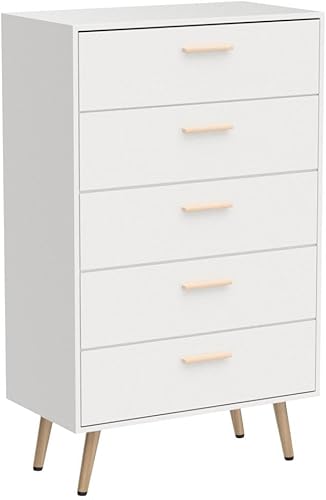 Miniatura 5 de Homsee Cómoda de almacenamiento moderna con 5 cajones, cómoda de madera con patas y asas de metal dorado para dormitorio, sala de estar, color
