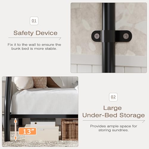Image of VECELO Bunk Bed Twin Over Full, Metal Bunkbeds with Ladder and Full-Length Guardrail, No Box Spring Needed, Space Saving, Noise Free, Matte Black