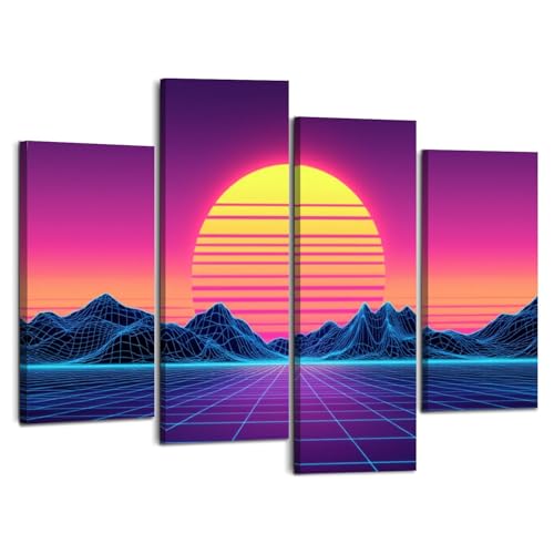 Canvas Wall Art Prints Pictures Retro Synthwave Sunset Neon Grid Landscape Wireframe Mountains Framed Posters Modern Wall Painting Artwork Gift Home Decor for Living Room Ready to Hang 4 Panel