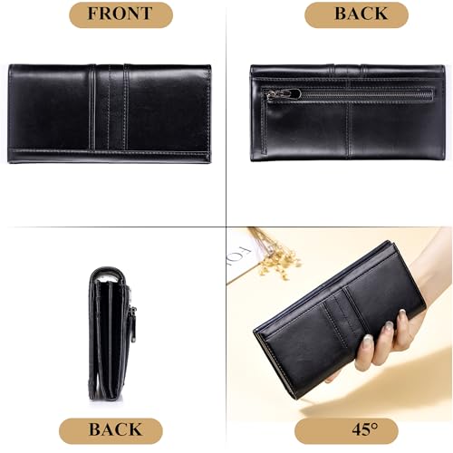 LUKZIJAES Wallets for Women Slim Long RFID Blocking Ladies Genuine Leather Bifold Wallet Womens with ID Window Coin Pocket (#1-Black)3