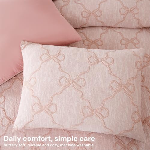 Image of BLOOMHAVEN Queen Comforter Set for Girls, 7 Pieces Pink Bow Bedding Set, All Seasons Bed in a Bag with Sheets, Pillowcases & Shams