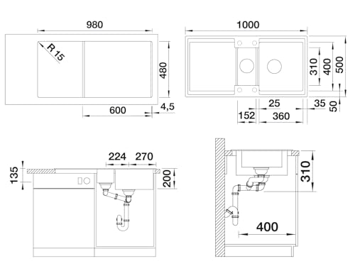 BLANCO ADIRA 6 S | Granitspüle aus SILGRANIT anthrazit | Einbauart: Einbau von Oben | reversibel | für 60 cm breite Unterschränke | Großes Becken | Reinigungsfreundliche Öberfläche | [100x50x21,2 cm]