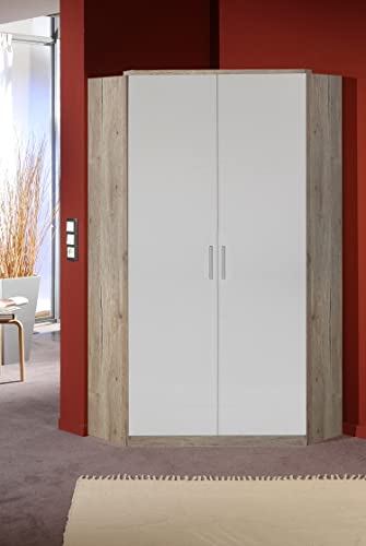 PEGANE Armoire d‘Angle, Meuble de Rangement Imitation chêne San Remo, rechampis Blanc - Longueur 95 x Hauteur 199 x Profondeur 95 cm