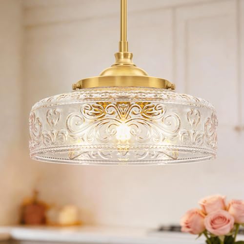 3-Light Adjustable Pendant Lights Kitchen Island, Gold Brushed Metal & Clear Glass Ceiling Pendant...
