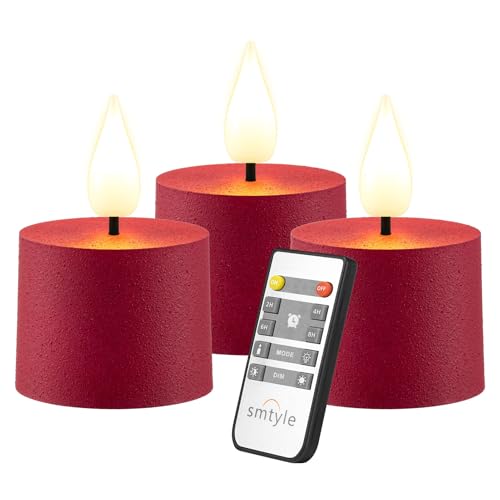 smtyle Red Votive Candles Battery Operated Tea Lights Candles with Remote 500 Hours of Warm Vintage Glow Including CR2477 Batteries Flickering Fake Votive LED Set of 3 Table Decorations