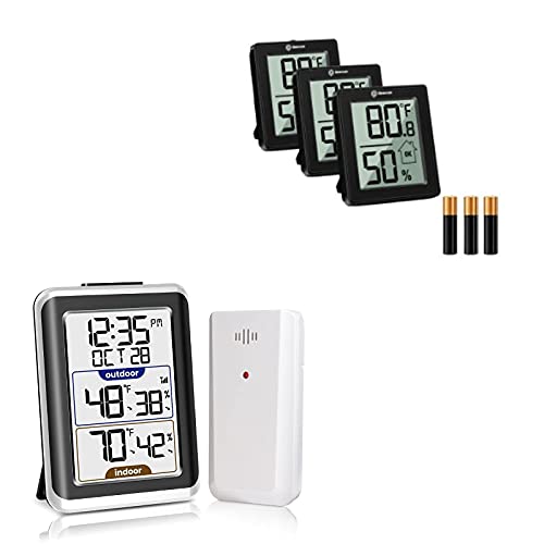 Geevon 8666-3 Digital Hygrometer Indoor Thermometer Room Humidity Gauge with Battery+ 8688 Indoor Outdoor Thermometer Wireless Digital Hygrometer Temperature Gauge with Time