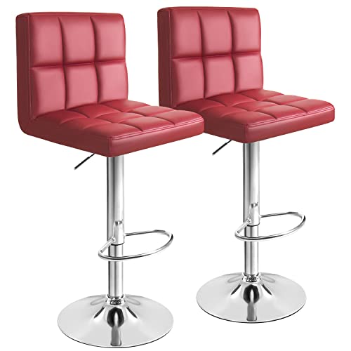 GUNJI Bar Stools Modern PU Leather Adjustable Barstools with Back Armless Hydraulic Kitchen Counter Height Swivel Bar Stool Set of 2 (Red)