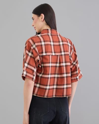 Image of Chimpaaanzee Women Checks Half Sleeve Crop Shirt