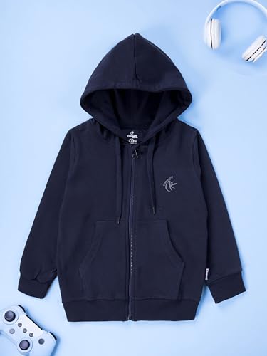 Image of KiddoPanti Boys Solid Cotton Full Sleeve Zip-Up Front Open Hooded Sweatshirt