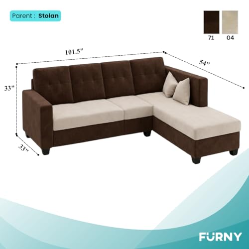 Image of FURNY Nathan 5 Seater L Shape Sofa Set RHS (Dark Brown-Cream) | Suede Velvet Finish | Durable Comfort Sofa for Modern Living Room & Office Spaces