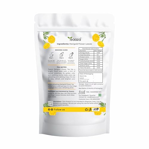 Image of Teaaza Marigold Flower Tea | Natural Sun Dried Marigold Flower | RELIEVES PAIN | Caffeine Free - Flower Based Herbal Tea - Gluten Free - Non - Bitter | Marigold Tea Leaves-100 Grams, 200 Cups