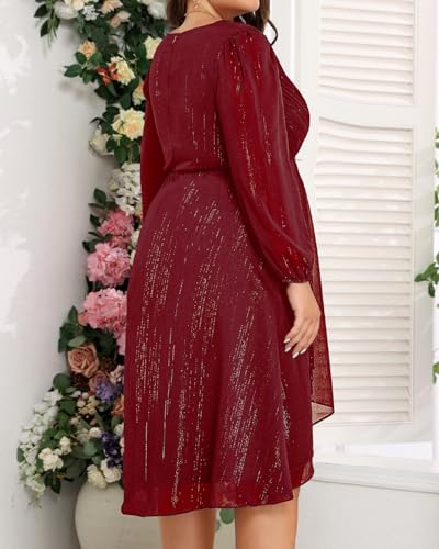 Image of Plus Size Wedding Guest Dress - Formal Long Sleeve A Line V Neck Midi Dress | Formal fall wedding guest dress, A-line pleated midi style with long sleeves & V-neck for curvy women.