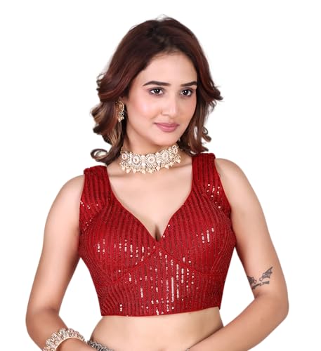 Chemisier sari col en cœur en georgette rouge brodé taille 38