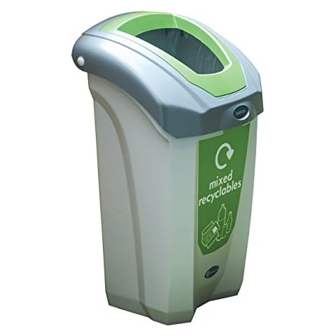Glasdon Nexus 30 Mixed Recycling Bin (Grey, Green Sticker) - Plastic Recycling Container for Mixed Waste - Compact 30-Litre Mixed Recyclables Recycling Bin Cover