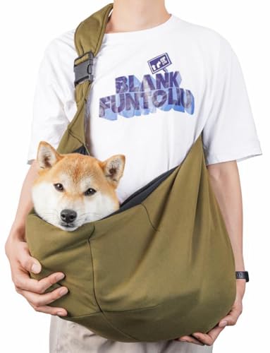 犬 スリング 犬 リュック スリング 犬 猫 小型犬 ペット バッグ キャリー リュック 犬の抱っこバンド 肩掛け クロスボディバッグ 調節可能 飛び出し防止 メッシュネット 肩パッド 底板付き (カーキ)