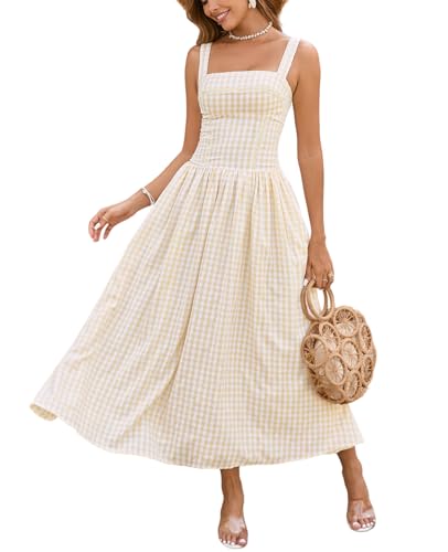 XinFSh Women's Summer Corset Midi Dress Flowy Square Neck Sleeveless Lace Wedding Guest Dresses with Pockets