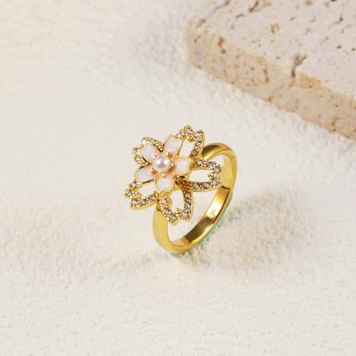 Cherry Blossoms Rotating Flower Fidget Spinner Ring for Women Hypoallergenic Gold Plated Crystal Floral Stress Relief Anxiety Rings Cubic Zirconia Open Adjustable Promise Wedding Band Trendy Jewelry4