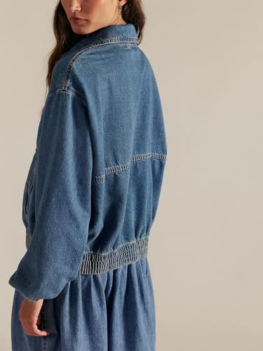 Women Long Sleeve Denim Jacket Oversized Zipper Collared Fall Classic Jean Tops Coats3
