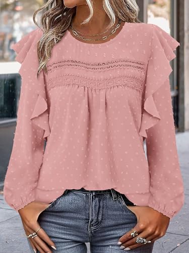 BETTE BOUTIK Womens Boho Fall Long Sleeve Shirts Crewneck Dressy Casual Blouses Trendy Flowy Tops