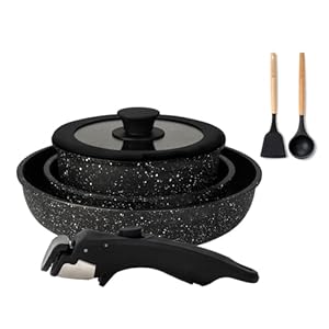 BOREINE Topfset Pfannenset 7-Teilig, Pfannen mit Abnehmbaren Griff, Granit Antihaft PFOA-freie Kochgeschirr, Stapelbar Kochset Für alle Herdarten (Induktion, Ceran, Gas, Ofen), Schwarz